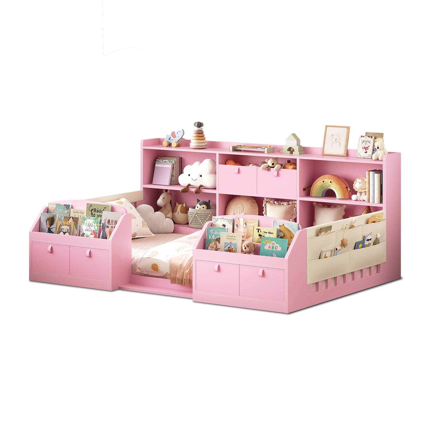 AOGLLATI Bed Frame Pink / Twin Twin Floor Bed Frame with Both Sides Bookshelf Pink