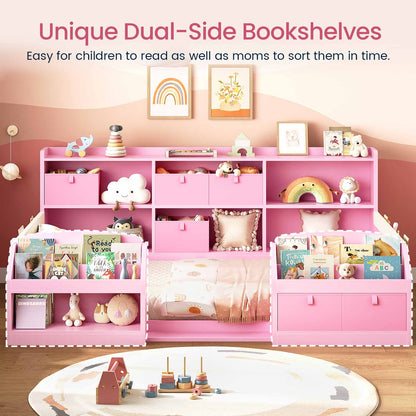 AOGLLATI Bed Frame Pink / Twin Twin Floor Bed Frame with Both Sides Bookshelf Pink