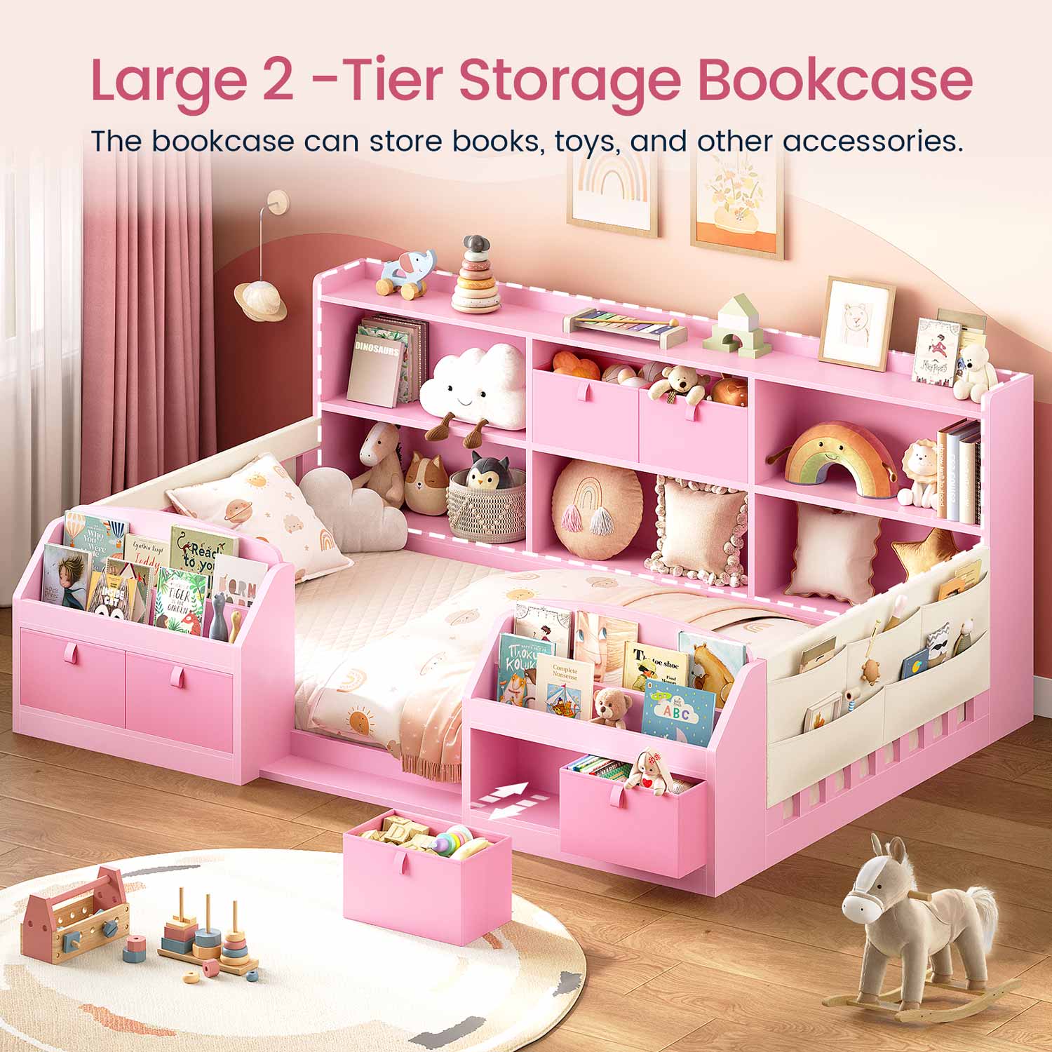 AOGLLATI Bed Frame Pink / Twin Twin Floor Bed Frame with Both Sides Bookshelf Pink