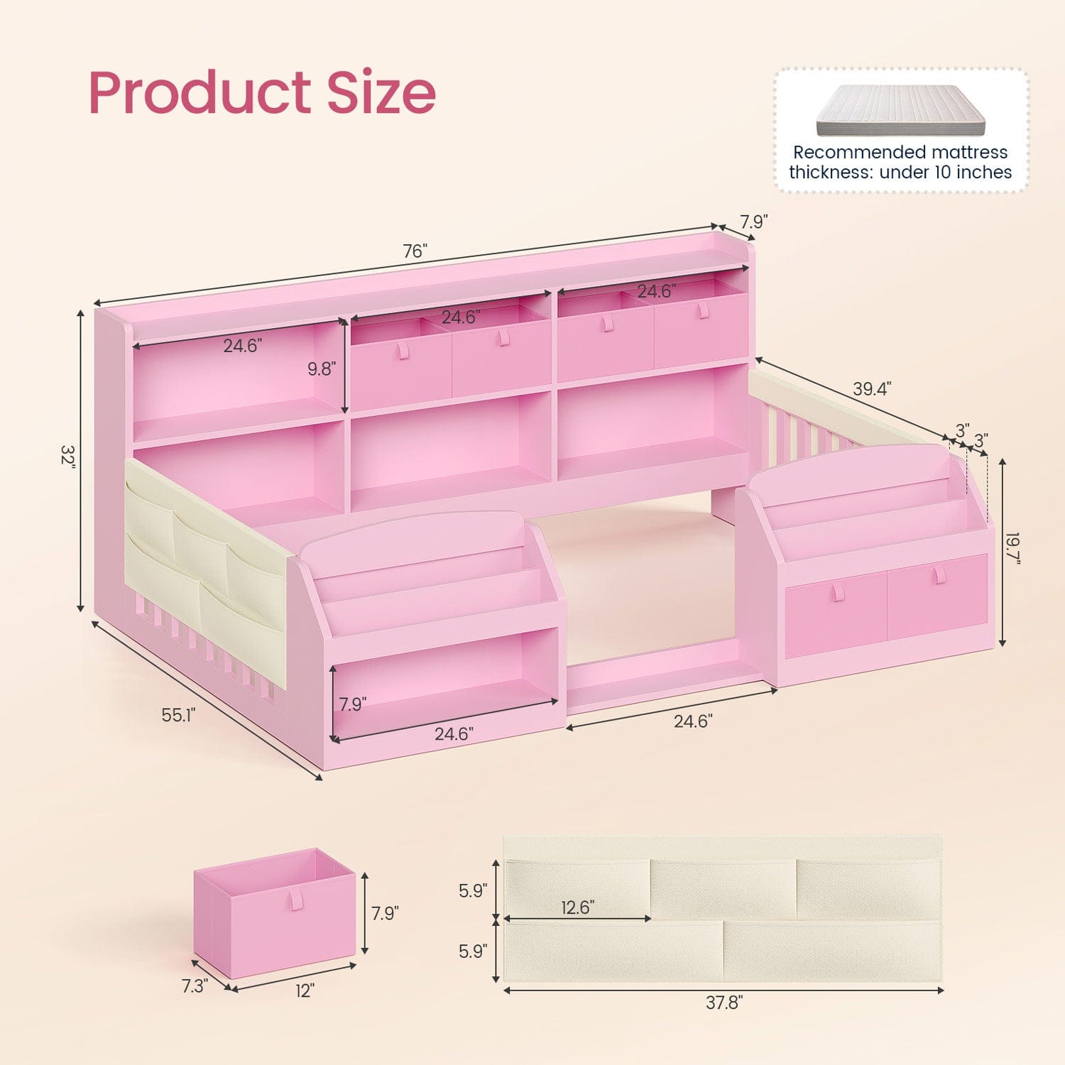 AOGLLATI Bed Frame Pink / Twin Twin Floor Bed Frame with Both Sides Bookshelf Pink