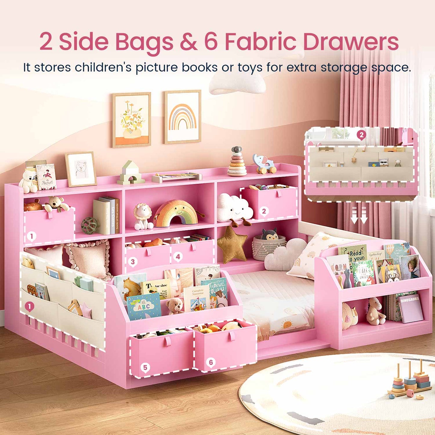 AOGLLATI Bed Frame Pink / Twin Twin Floor Bed Frame with Both Sides Bookshelf Pink
