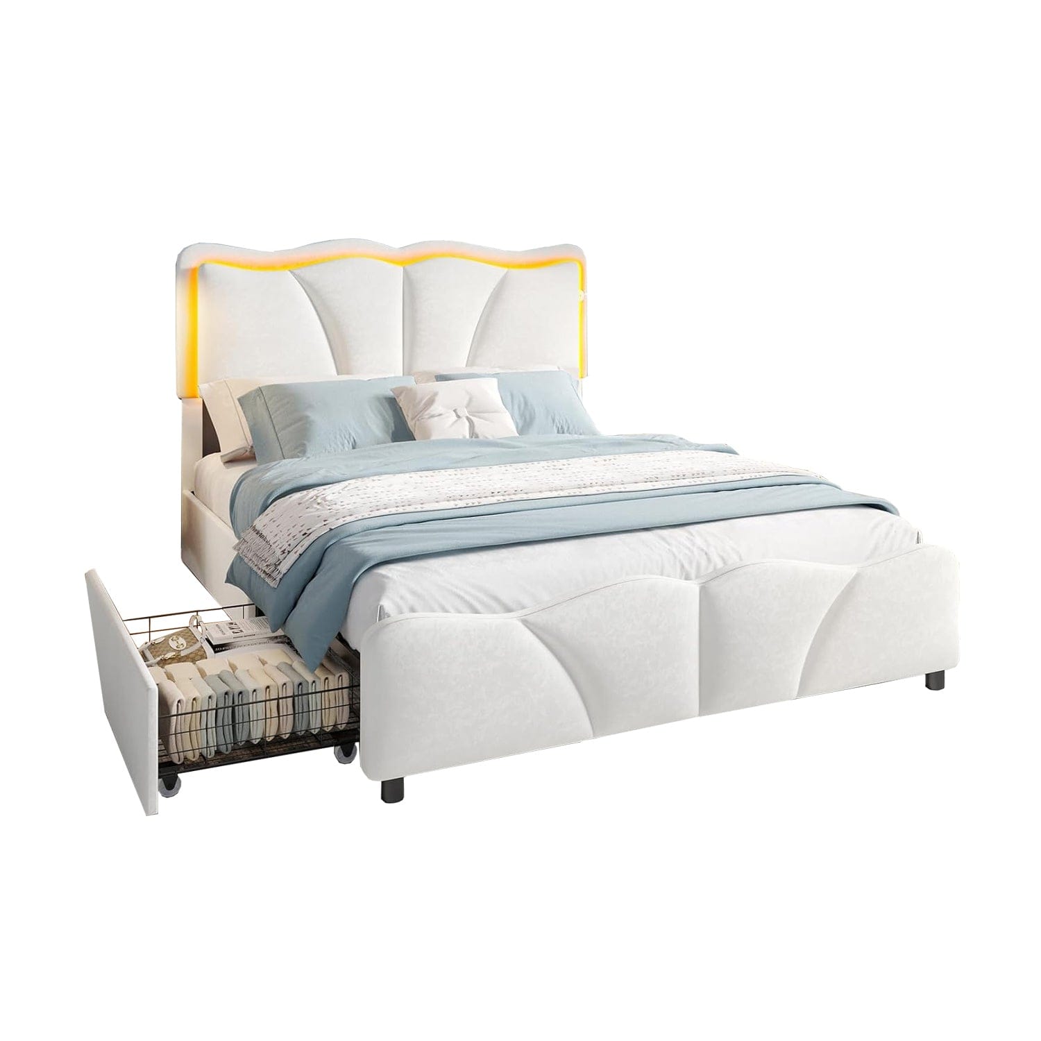 Cama Tapizada Con Cabecero LED Y Puertos USB - 140x200 Cm, Base De Láminas, Tejido De Terciopelo Beige