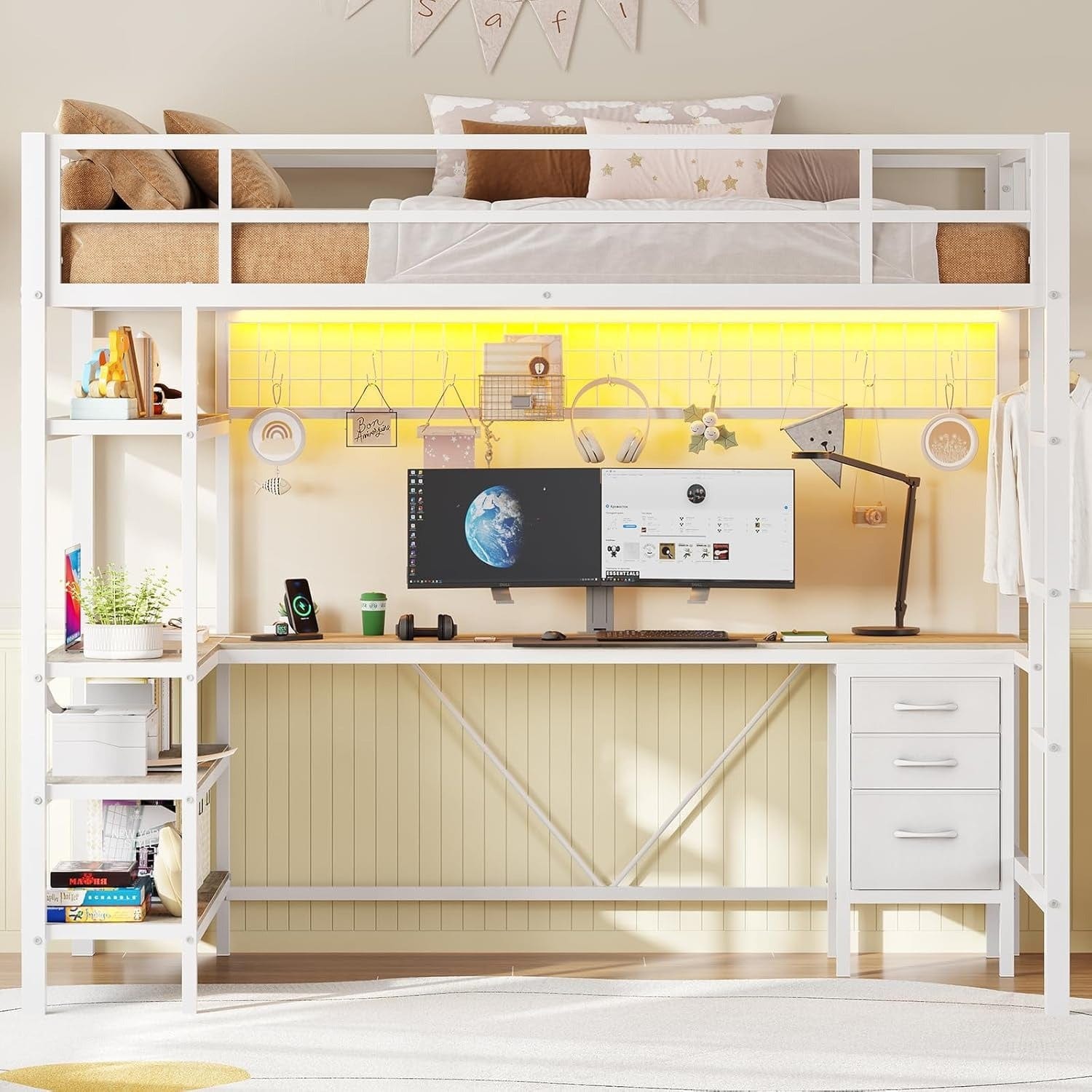 AOGLLATI Bed Frame White / Modern / Metal AOGLLATI Loft Metal LED Bed with L-Shaped Desk, Charging Station, No Box Spring Needed, White
