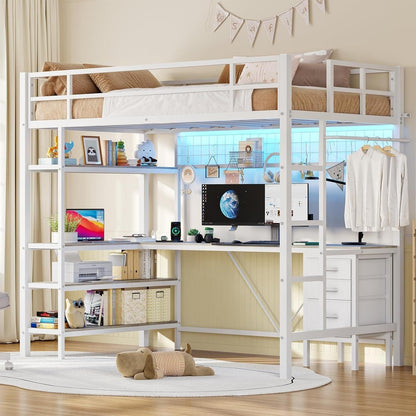 AOGLLATI Bed Frame White / Modern / Metal AOGLLATI Loft Metal LED Bed with L-Shaped Desk, Charging Station, No Box Spring Needed, White