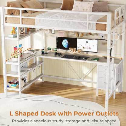AOGLLATI Bed Frame White / Modern / Metal AOGLLATI Loft Metal LED Bed with L-Shaped Desk, Charging Station, No Box Spring Needed, White