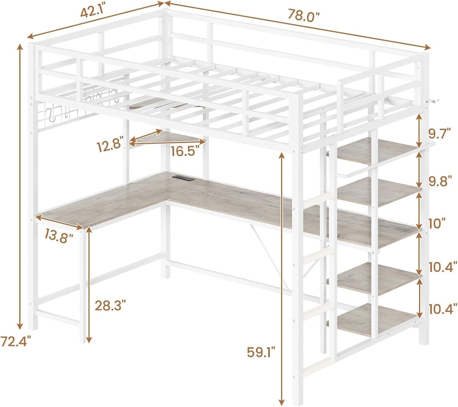 AOGLLATI Bed Frame White / Modern / Metal AOGLLATI Metal Loft Bed Twin Size with Charging Station, LED Lights, Storage Shelves, Clothing Rail, White