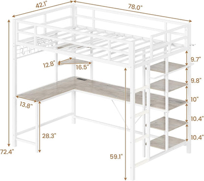 AOGLLATI Bed Frame White / Modern / Metal AOGLLATI Metal Loft Bed Twin Size with Charging Station, LED Lights, Storage Shelves, Clothing Rail, White