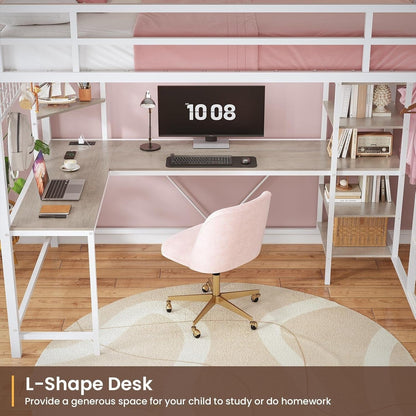 AOGLLATI Bed Frame White / Modern / Metal AOGLLATI Metal Loft Bed Twin Size with Charging Station, LED Lights, Storage Shelves, Clothing Rail, White