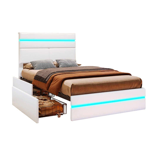 AOGLLATI Bed Frame White / PU Leather / Modern LED White Bed Frame with Drawers