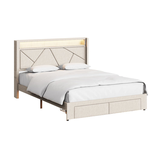 AOGLLATI Bed Frame White / Twin Bed / Metal Led Bed Frame with Drawers Beige