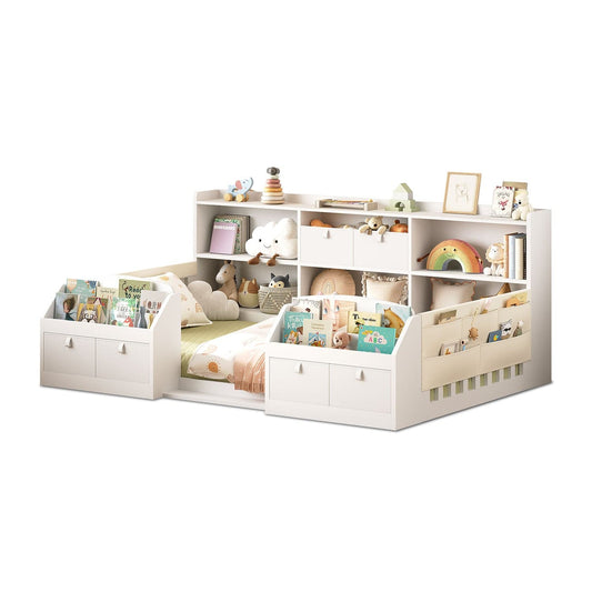AOGLLATI Bed Frame White / Twin Twin Floor Bed Frame with Both Sides Bookshelf White