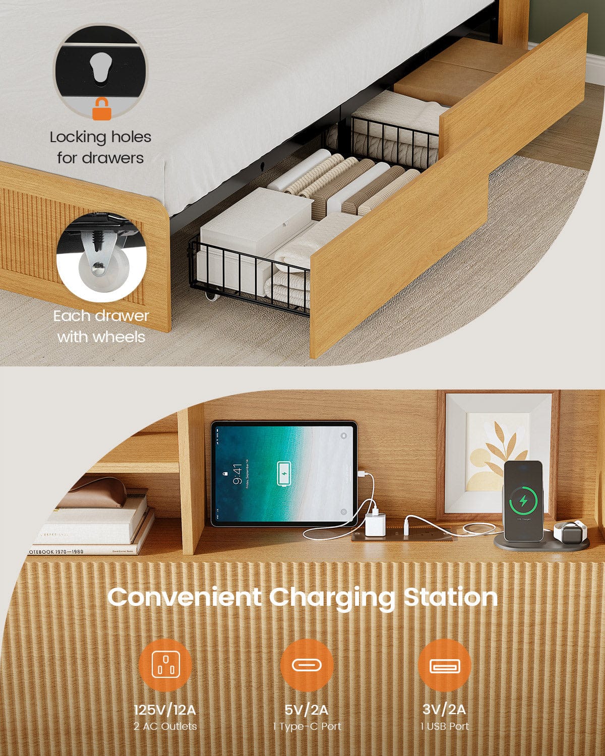 AOGLLATI Bed Frame Wood / Full Full Size Bed Frame with 4 Storage Drawers and Hidden Storage Headboard Wood