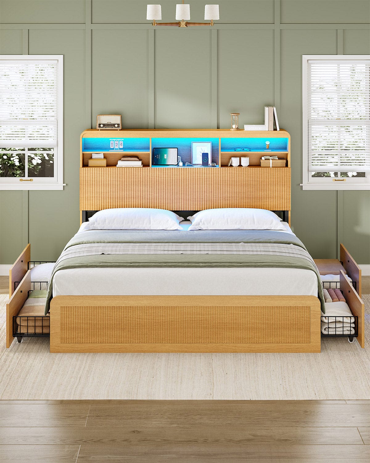AOGLLATI Bed Frame Wood / Full Full Size Bed Frame with 4 Storage Drawers and Hidden Storage Headboard Wood