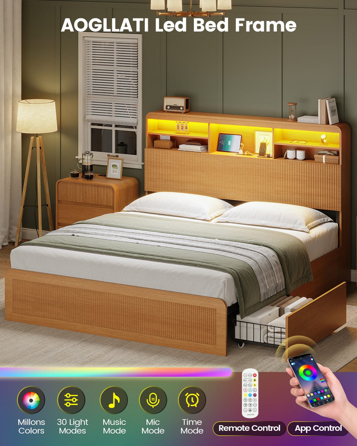 AOGLLATI Bed Frame Wood / Full Full Size Bed Frame with 4 Storage Drawers and Hidden Storage Headboard Wood