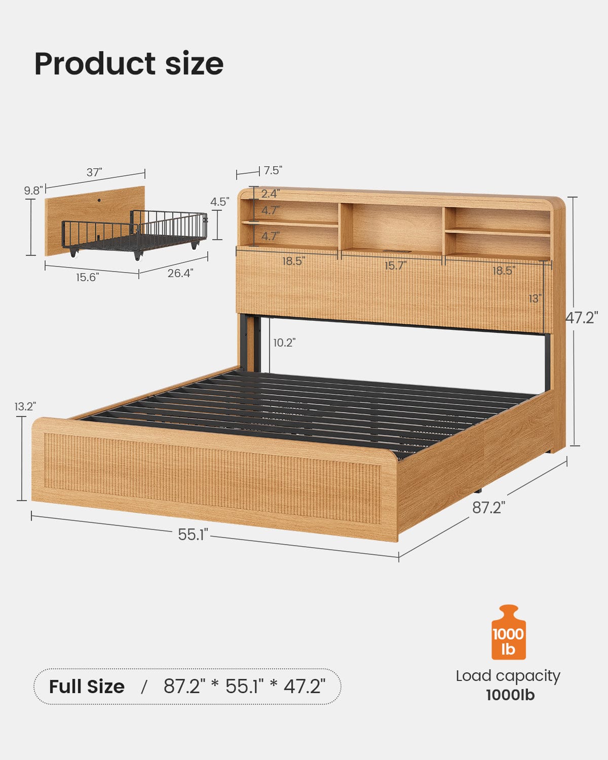 AOGLLATI Bed Frame Wood / Full Full Size Bed Frame with 4 Storage Drawers and Hidden Storage Headboard Wood