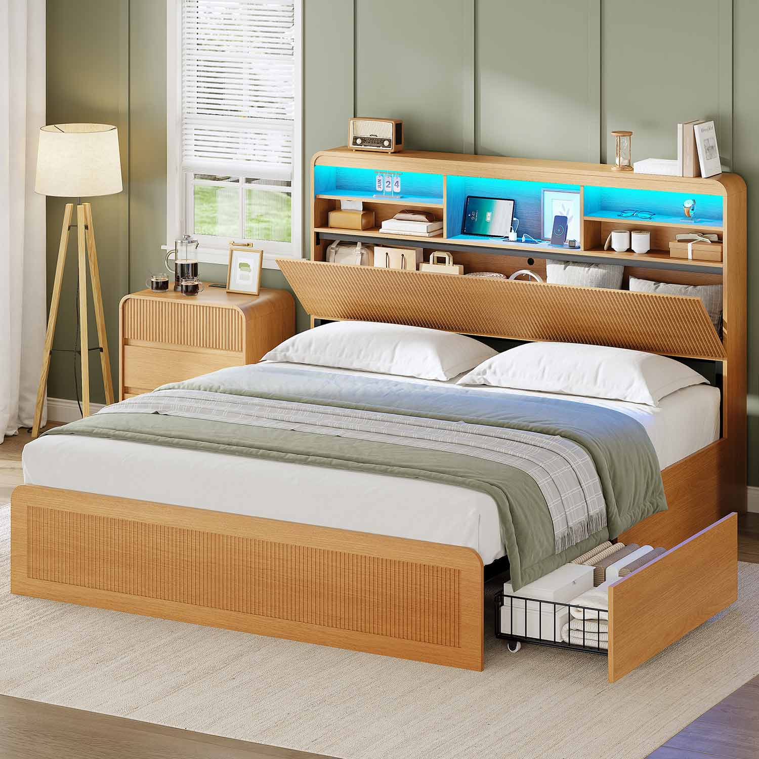 AOGLLATI Bed Frame Wood / Full Full Size Bed Frame with 4 Storage Drawers and Hidden Storage Headboard Wood