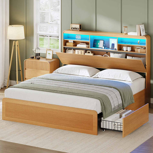 AOGLLATI Bed Frame Wood / Full Full Size Bed Frame with 4 Storage Drawers and Hidden Storage Headboard Wood