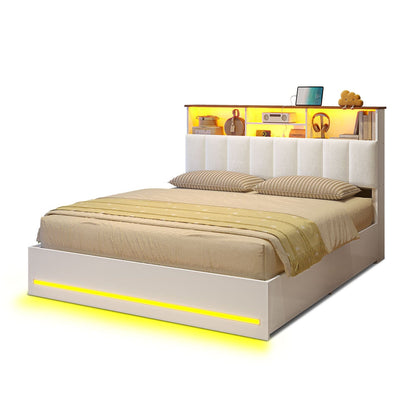 AOGLLATI Bed Frame Wooden Bed Frame Queen Size with Bookcase Headboard White