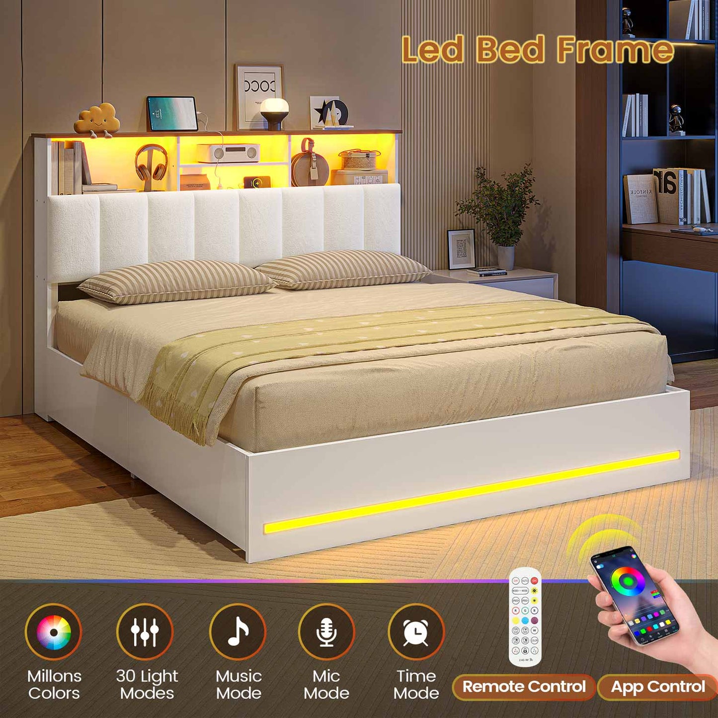 AOGLLATI Bed Frame Wooden Bed Frame Queen Size with Bookcase Headboard White