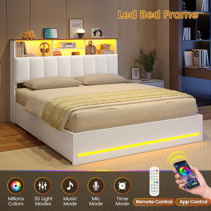 AOGLLATI Bed Frame Wooden Bed Frame Queen Size with Bookcase Headboard White