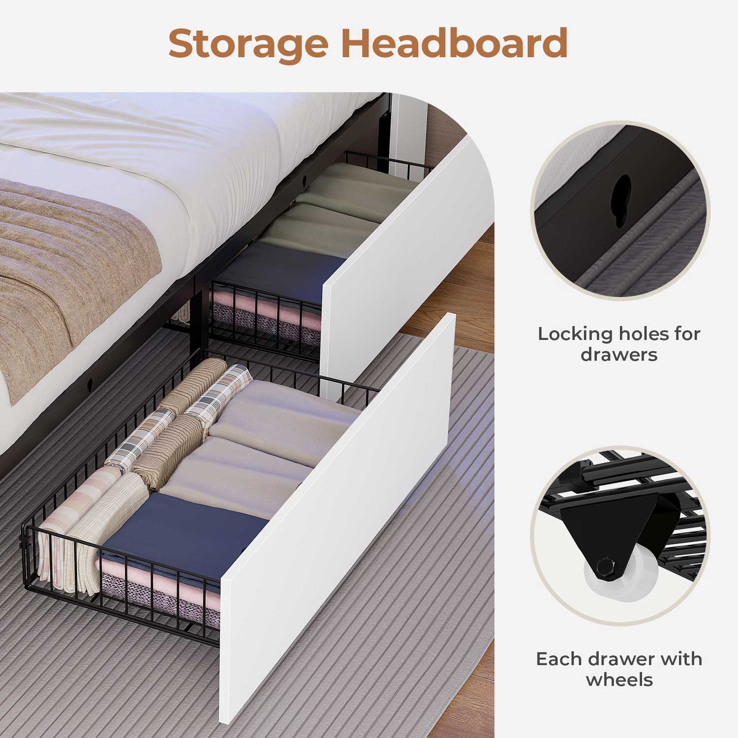 AOGLLATI Bed Frame Wooden Bed Frame Queen Size with Bookcase Headboard White