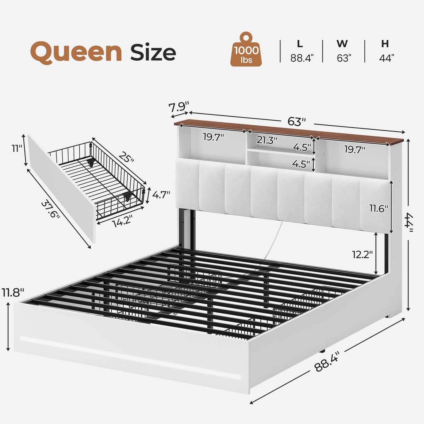 AOGLLATI Bed Frame Wooden Bed Frame Queen Size with Bookcase Headboard White