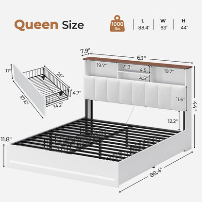 AOGLLATI Bed Frame Wooden Bed Frame Queen Size with Bookcase Headboard White