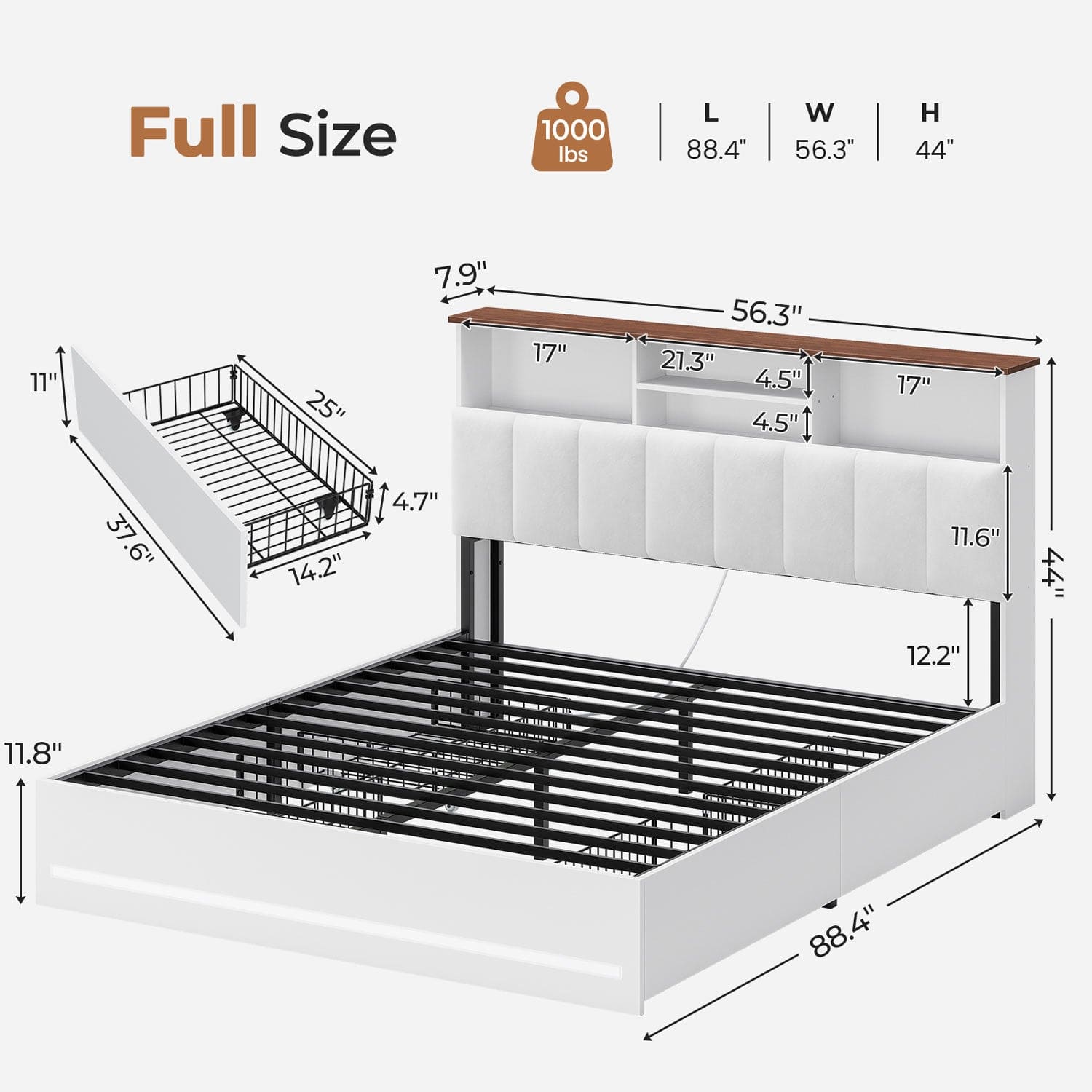 AOGLLATI Bed Frame Wooden Bed Frame Queen Size with Bookcase Headboard White
