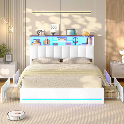 AOGLLATI Bed Frame Wooden Bed Frame Queen Size with Bookcase Headboard White