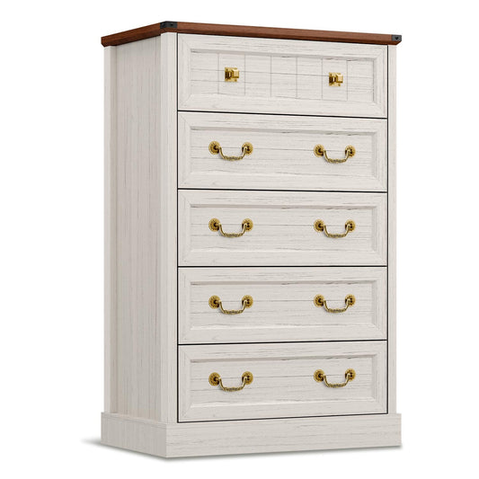 AOGLLATI Dresser Antique White / Engineered Wood / Modern Farmhouse Tall 5 Drawers Dresser for Bedroom Antique White