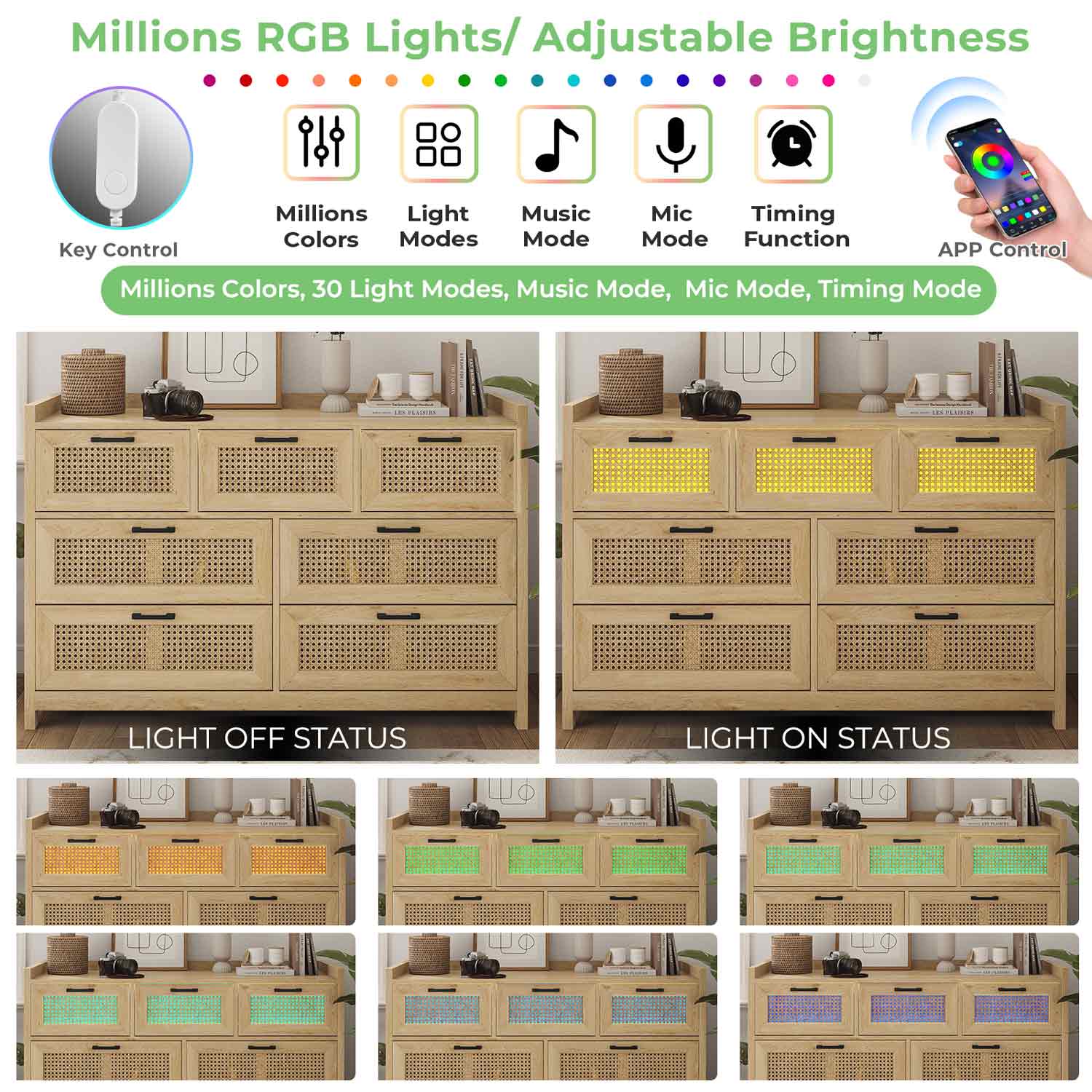 AOGLLATI Dresser Beige / Bohemian AOGLLATI Natural Rattan Dresser with Led Light