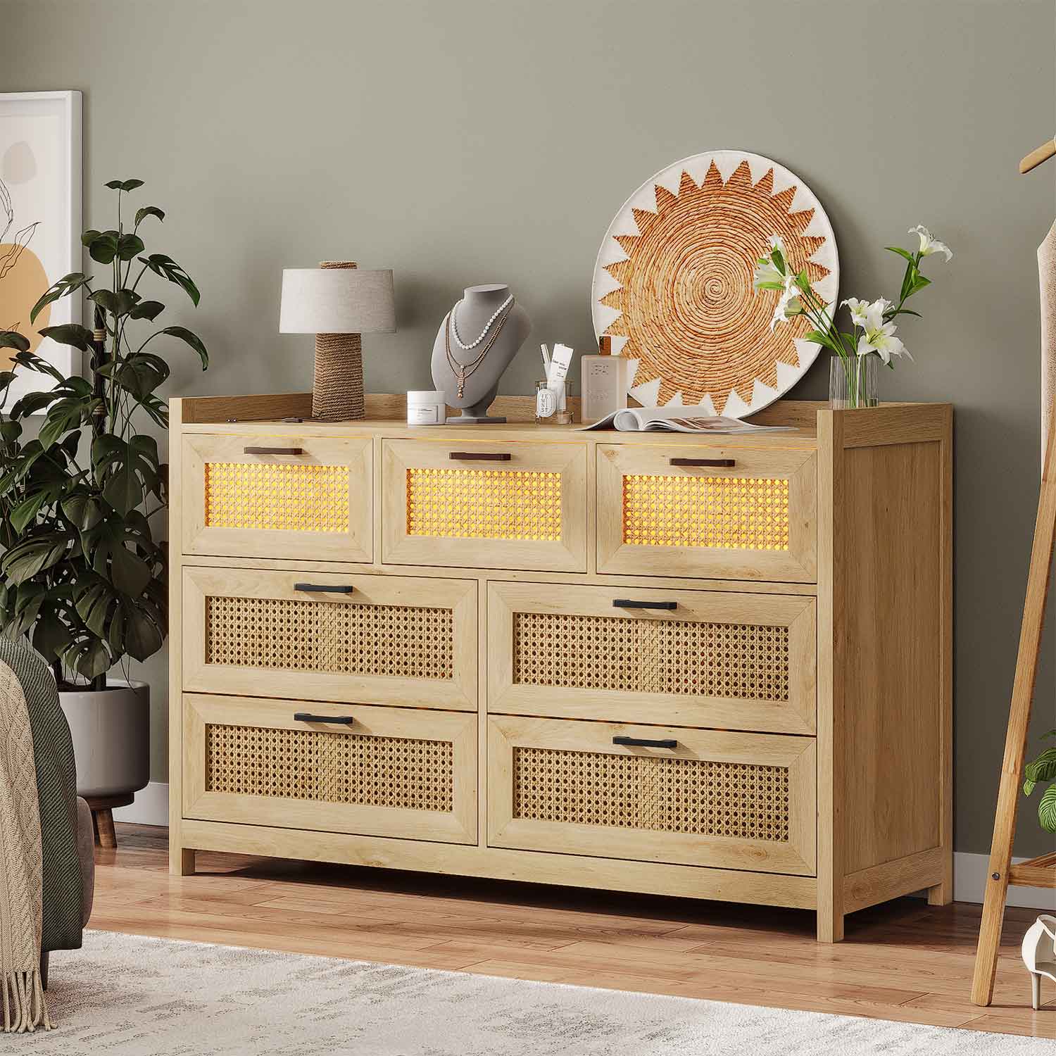 AOGLLATI Dresser Beige / Bohemian AOGLLATI Natural Rattan Dresser with Led Light