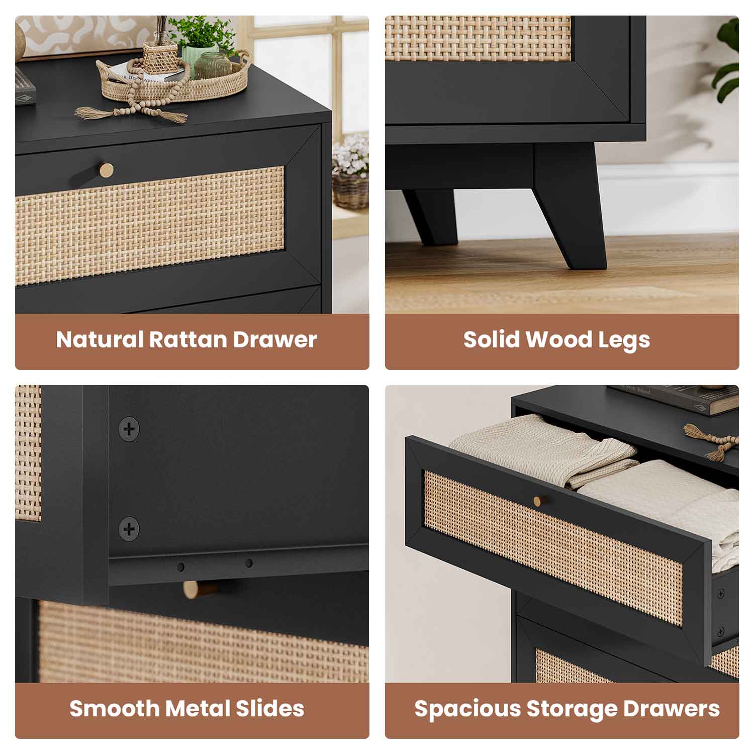 AOGLLATI Dresser Black / Engineered Wood / Bohemian AOGLLATI Black Rattan Dresser for Bedroom with 5 Drawer