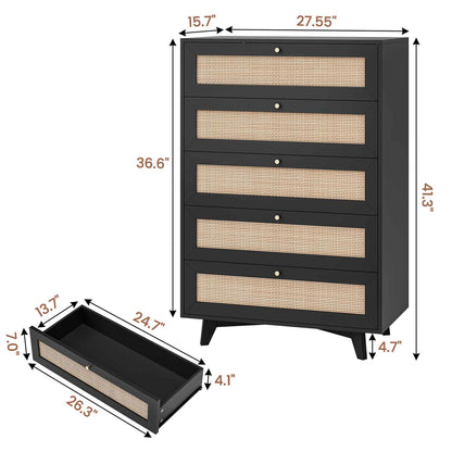 AOGLLATI Dresser Black / Engineered Wood / Bohemian AOGLLATI Black Rattan Dresser for Bedroom with 5 Drawer