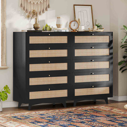 AOGLLATI Dresser Black / Engineered Wood / Bohemian AOGLLATI Black Rattan Dresser for Bedroom with 5 Drawer