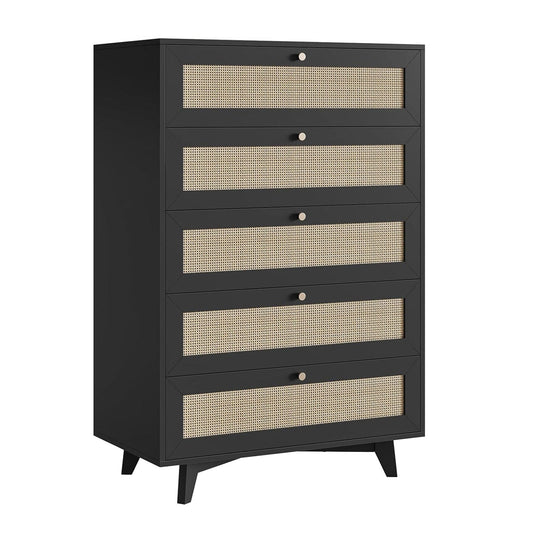 AOGLLATI Dresser Black / Engineered Wood / Bohemian AOGLLATI Black Rattan Dresser for Bedroom with 5 Drawer
