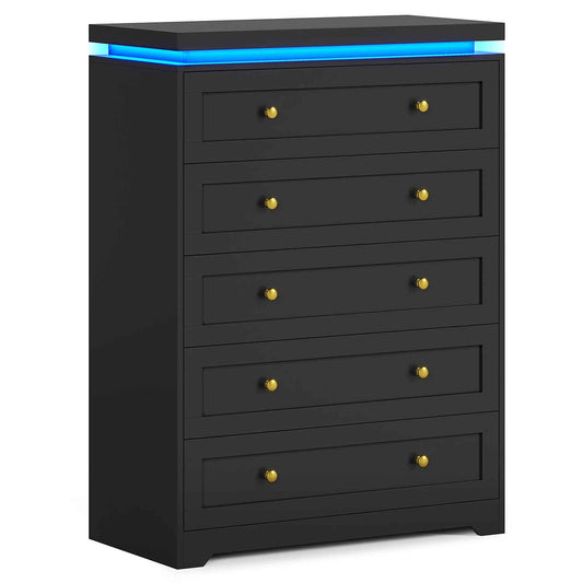 AOGLLATI Dresser Black / Engineered Wood / Modern AOGLLATI Black 5 Drawer Dresser with Led Lights