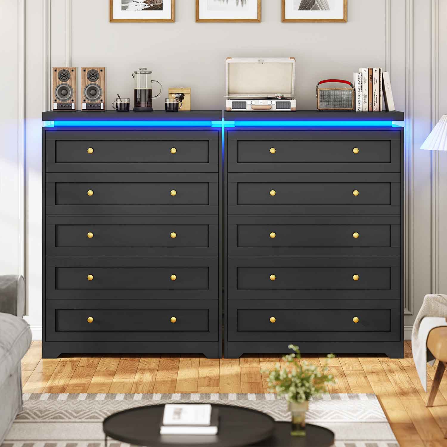 AOGLLATI Dresser Black / Engineered Wood / Modern AOGLLATI Black 5 Drawer Dresser with Led Lights