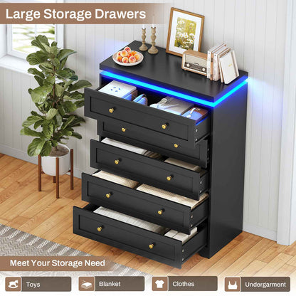 AOGLLATI Dresser Black / Engineered Wood / Modern AOGLLATI Black 5 Drawer Dresser with Led Lights