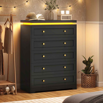 AOGLLATI Dresser Black / Engineered Wood / Modern AOGLLATI Black 5 Drawer Dresser with Led Lights