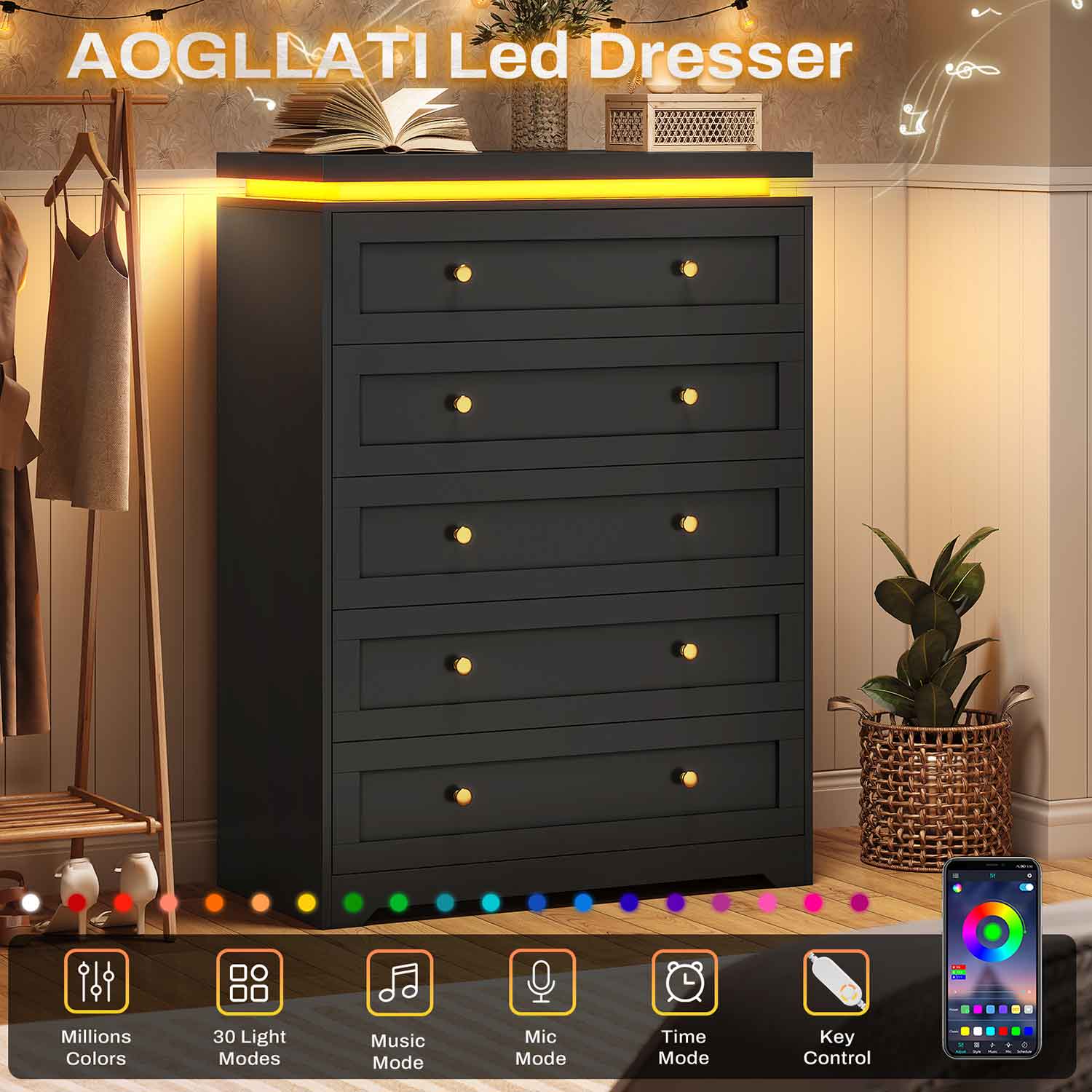 AOGLLATI Dresser Black / Engineered Wood / Modern AOGLLATI Black 5 Drawer Dresser with Led Lights