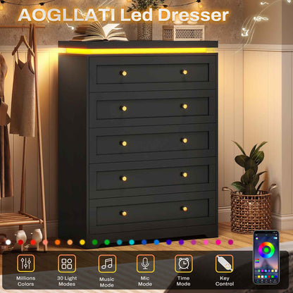 AOGLLATI Dresser Black / Engineered Wood / Modern AOGLLATI Black 5 Drawer Dresser with Led Lights