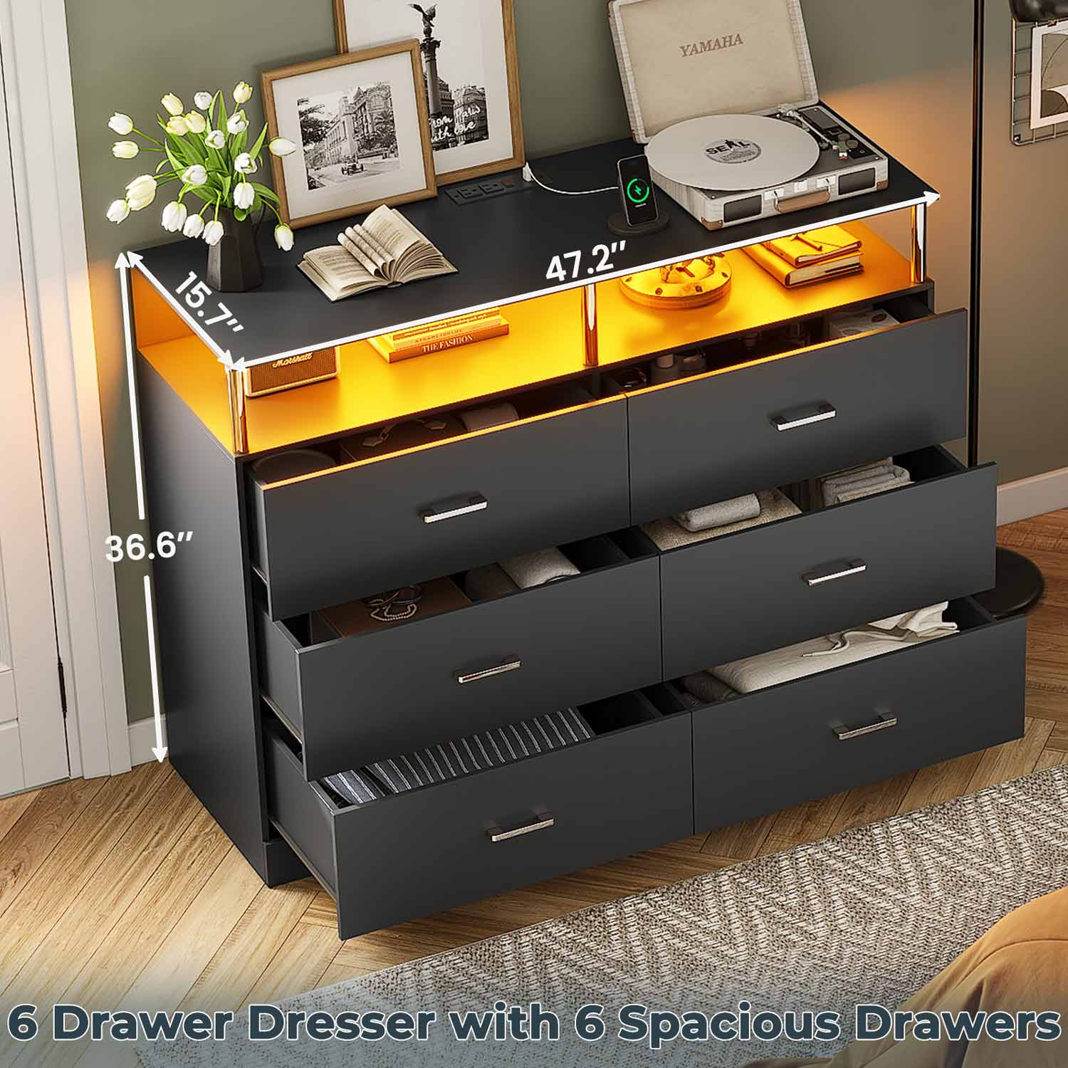 AOGLLATI Dresser Black / Engineered Wood / Modern AOGLLATI Dresser for Bedroom with 6 Drawers Black