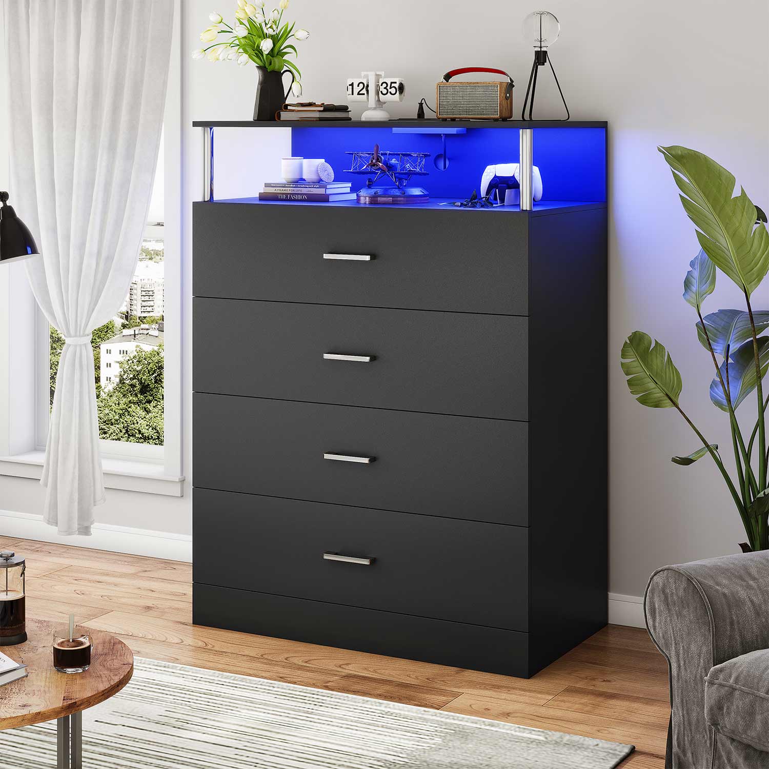 AOGLLATI Dresser Black / Engineered Wood / Modern AOGLLATI Dresser for Bedroom with Column Design Black