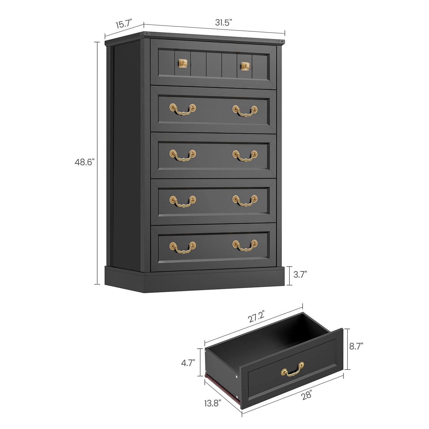 AOGLLATI Dresser Black / Engineered Wood / Modern AOGLLATI Farmhouse Storage Dresser with 5-Drawer Black