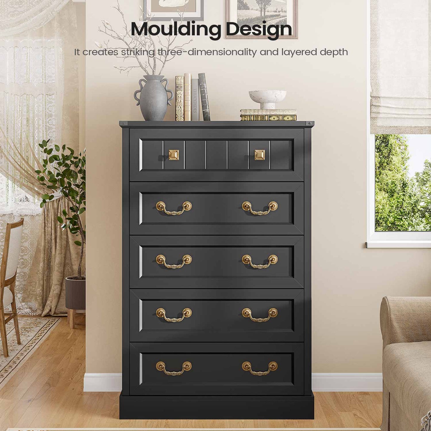AOGLLATI Dresser Black / Engineered Wood / Modern AOGLLATI Farmhouse Storage Dresser with 5-Drawer Black