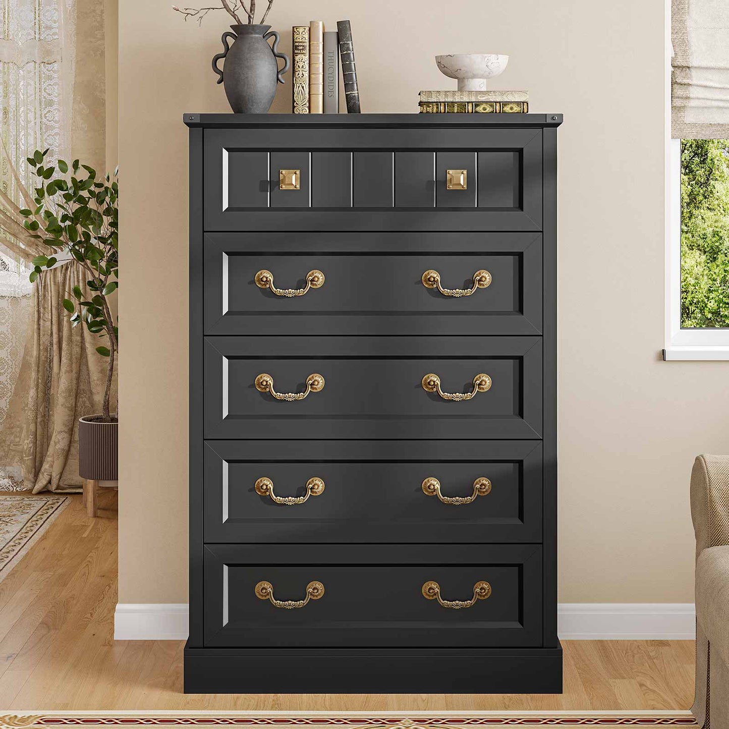 AOGLLATI Dresser Black / Engineered Wood / Modern AOGLLATI Farmhouse Storage Dresser with 5-Drawer Black