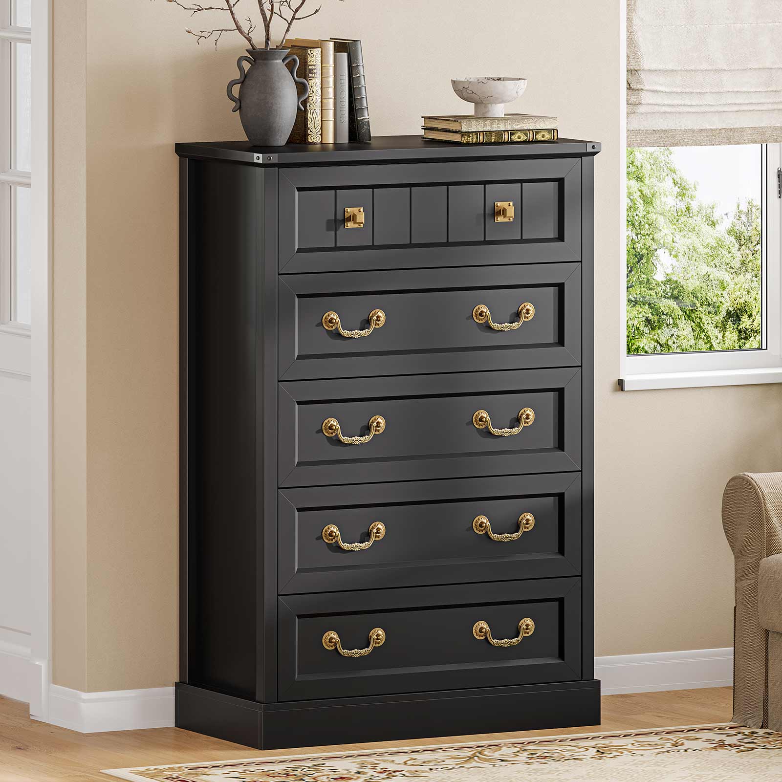 AOGLLATI Dresser Black / Engineered Wood / Modern AOGLLATI Farmhouse Storage Dresser with 5-Drawer Black