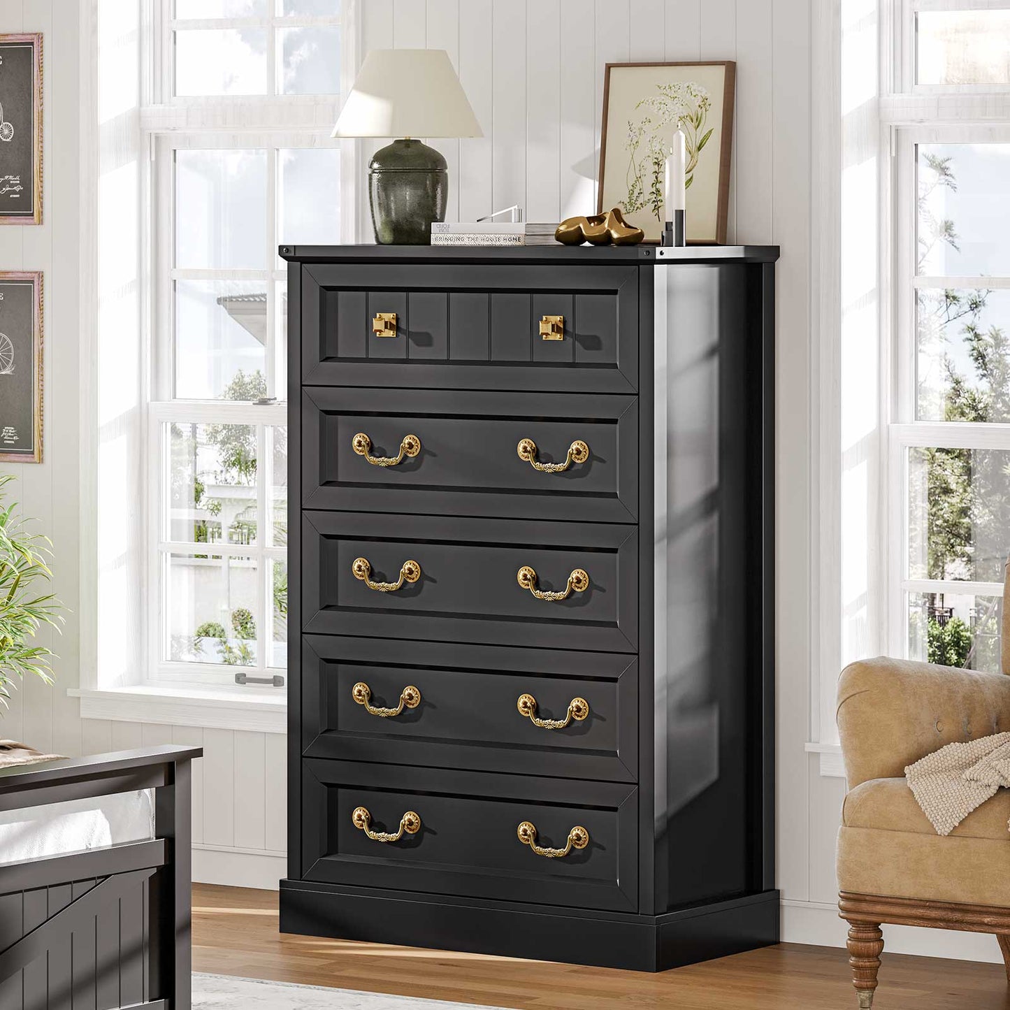 AOGLLATI Dresser Black / Engineered Wood / Modern AOGLLATI Farmhouse Storage Dresser with 5-Drawer Black