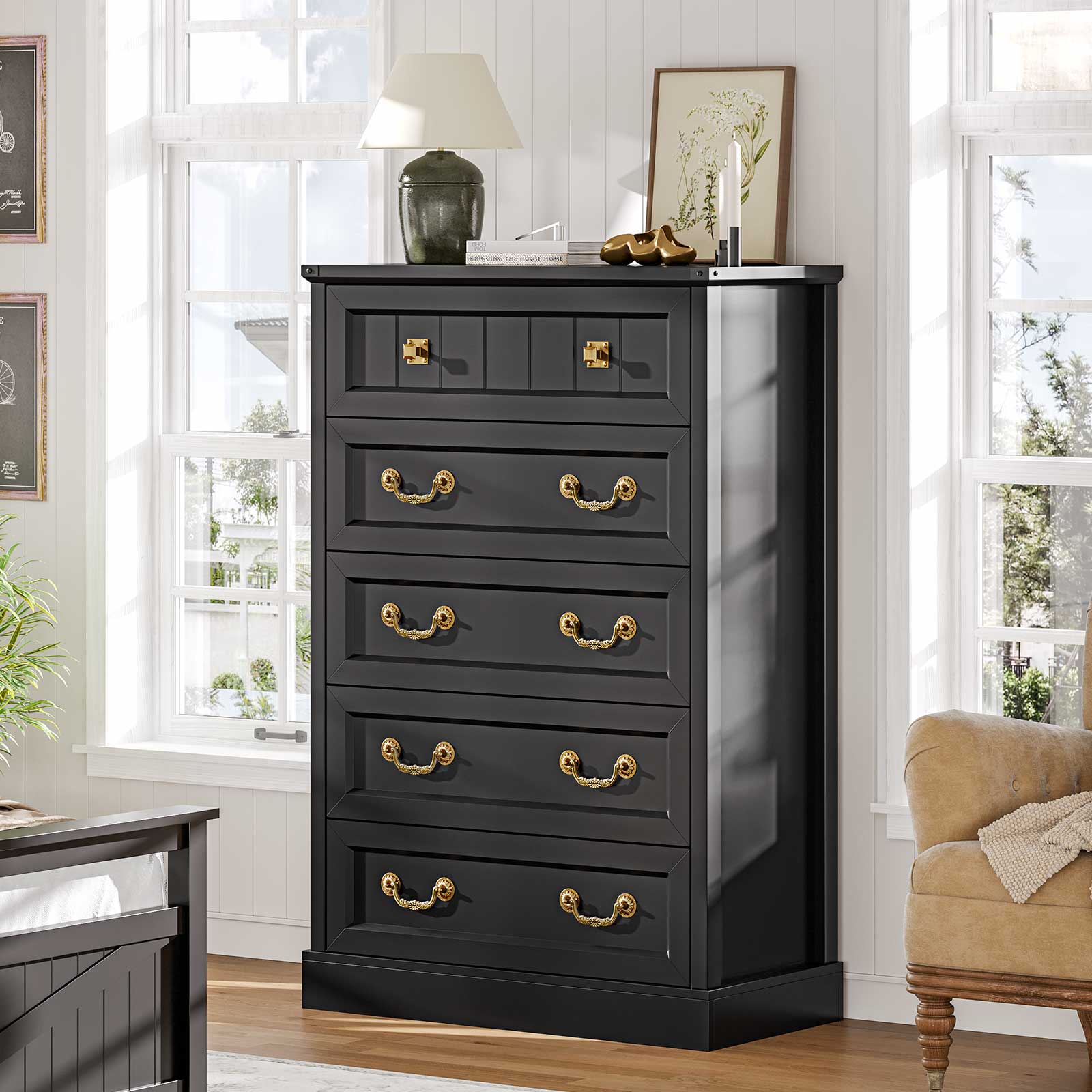AOGLLATI Dresser Black / Engineered Wood / Modern AOGLLATI Farmhouse Storage Dresser with 5-Drawer Black